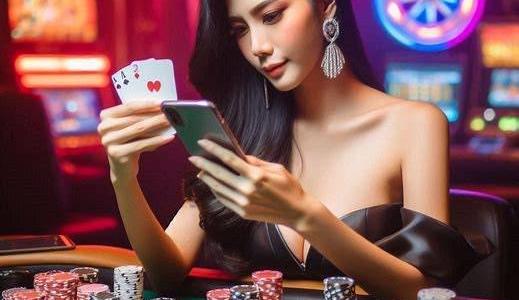 Girl holding cards and mobile phone at casino table Girl holding cards and mobile phone at casino table